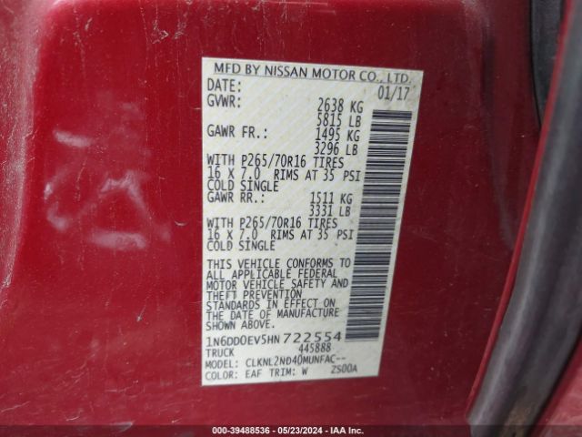 1N6DD0EV5HN722554 Nissan Frontier Sv