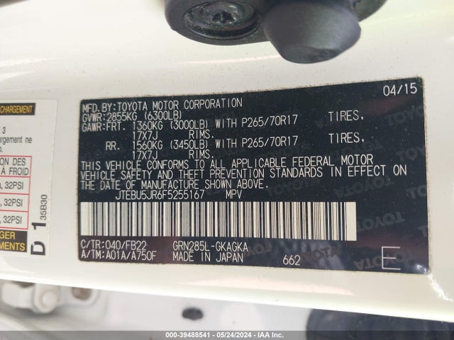 Toyota 4RUNNER SR5 2015 JTEBU5JR6F5255167 Image 9