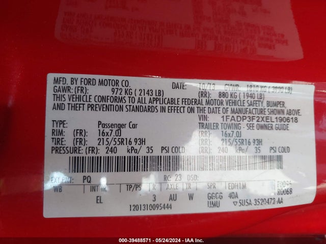 Ford FOCUS SE 2014 1FADP3F2XEL190618 Image 9
