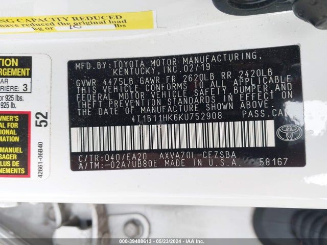 Toyota CAMRY SE 2019 4T1B11HK6KU752908 Image 9