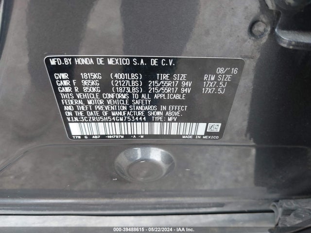 Honda HR-V EX 2016 3CZRU5H54GM753444 Image 9