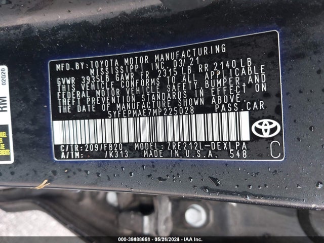 Toyota COROLLA LE 2021 5YFEPMAE7MP225028 Image 9