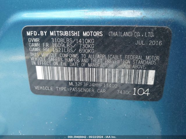 ML32F3FJ4HHF11402 Mitsubishi Mirage G4 Es
