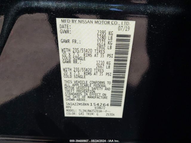 5N1AZ2MS8KN154264 Nissan MURANO SL