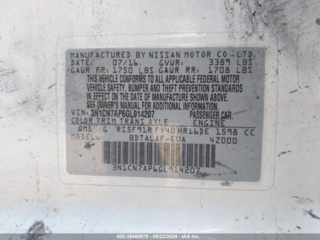 3N1CN7AP6GL914207 Nissan Versa 1.6 S