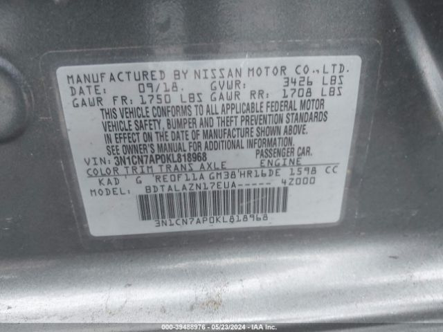 3N1CN7AP0KL818968 Nissan Versa 1.6 S+