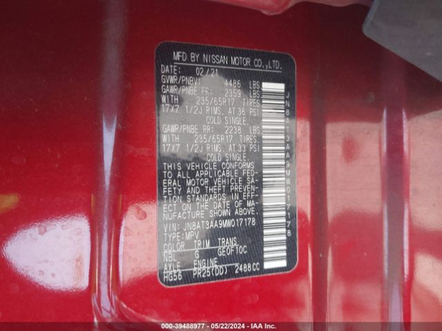 JN8AT3AA9MW017178 Nissan Rogue S Fwd