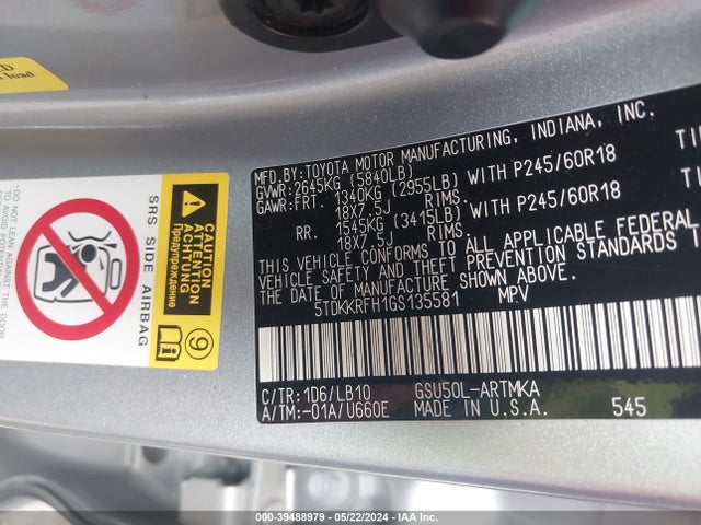 Toyota Highlander Xle V6 2016 5TDKKRFH1GS135581 Image 9