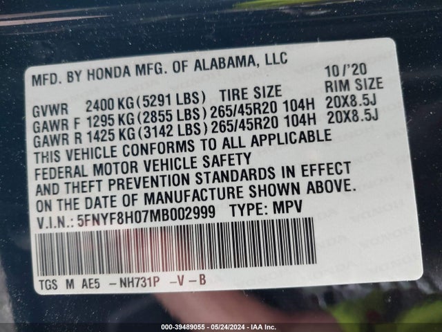 Honda Passport Awd Elite 2021 5FNYF8H07MB002999 Image 9