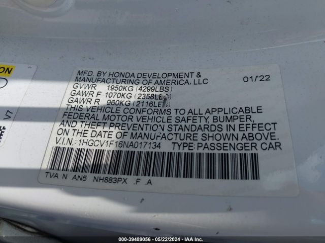 1HGCV1F16NA017134 Honda ACCORD LX