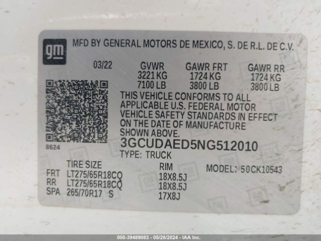 3GCUDAED5NG512010 Chevrolet Silverado 1500 4wd  Short Bed Wt