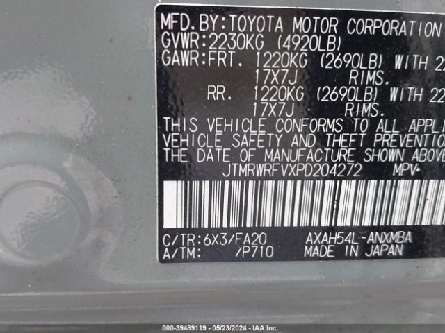 JTMRWRFVXPD204272 Toyota Rav4 Xle Hybrid
