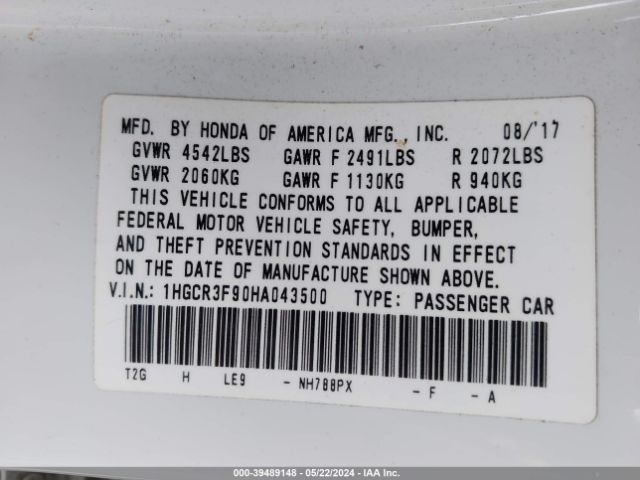 1HGCR3F90HA043500 Honda Accord Touring V6