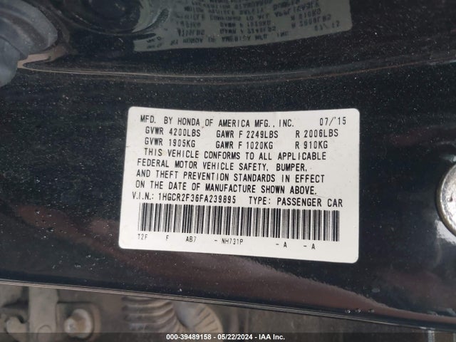 Honda ACCORD LX 2015 1HGCR2F36FA239895 Image 9