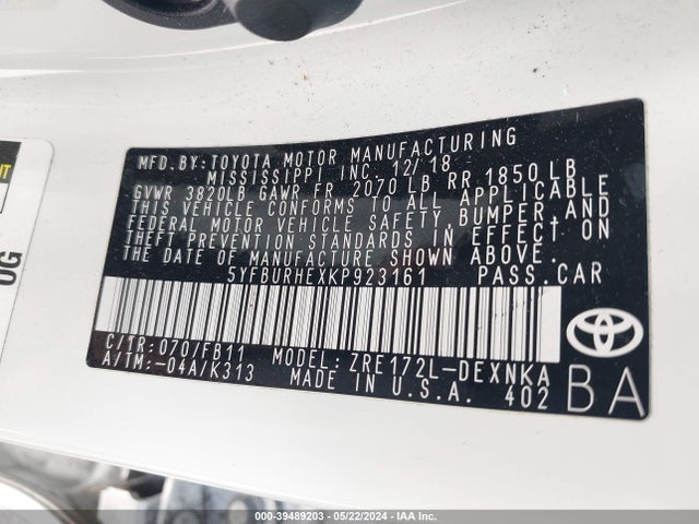 Toyota COROLLA LE 2019 5YFBURHEXKP923161 Image 9