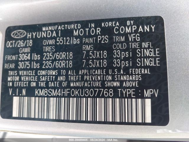 KM8SM4HF0KU307768 Hyundai Santa Fe Xl Se