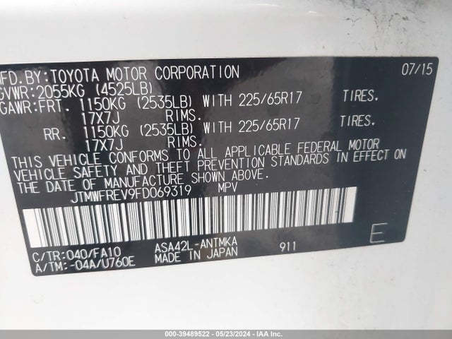 Toyota Rav4 Xle 2015 JTMWFREV9FD069319 Image 9