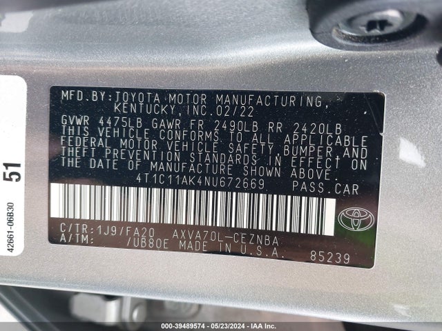Toyota CAMRY LE 2022 4T1C11AK4NU672669 Image 9