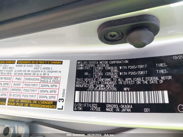 Toyota 4runner Sr5 Premium 2022 JTEFU5JR8N5257096 Image 9