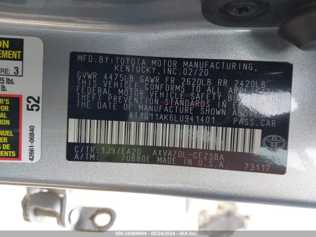 Toyota CAMRY SE 2020 4T1G11AK6LU941401 Image 9