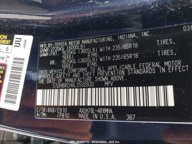 5TDHBRCH6LS500930 Toyota Highlander Hybrid Xle