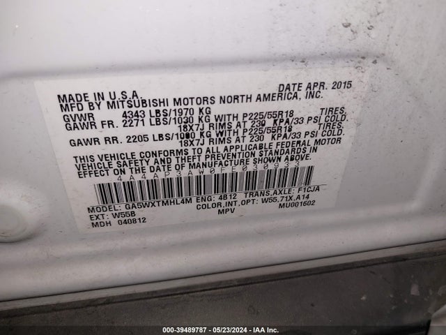 4A4AP3AW0FE030933 Mitsubishi Outlander Sport Es