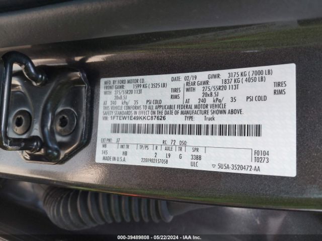 1FTEW1E49KKC87626 Ford F-150 Lariat