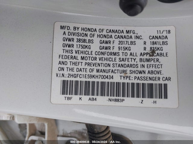 Honda CIVIC SI 2019 2HGFC1E59KH700434 Image 9