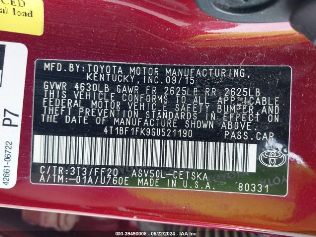 4T1BF1FK9GU521190 Toyota CAMRY SE