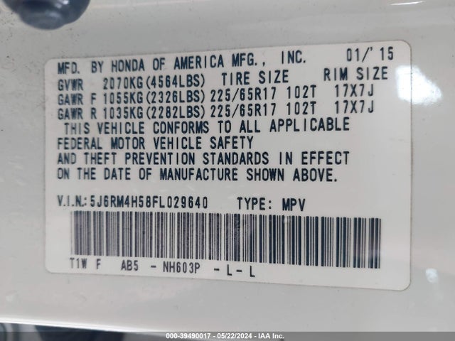 Honda CR-V EX 2015 5J6RM4H58FL029640 Image 9