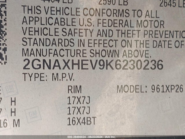 Chevrolet EQUINOX LS 2019 2GNAXHEV9K6230236 Image 9