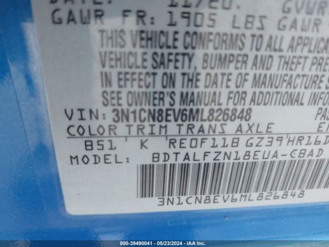 3N1CN8EV6ML826848 Nissan Versa Sv Xtronic Cvt
