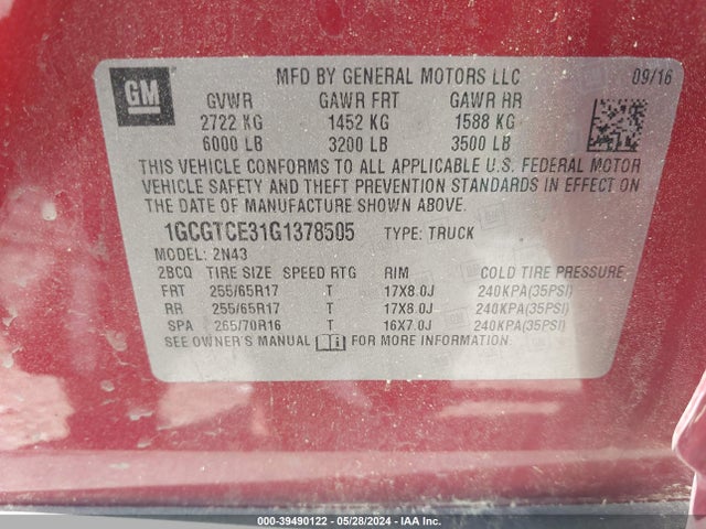 Chevrolet Colorado Lt 2016 1GCGTCE31G1378505 Image 9