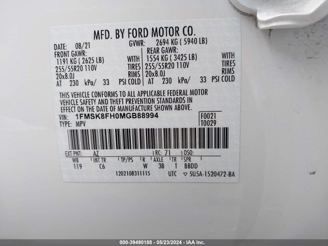 Ford Explorer Limited 2021 1FMSK8FH0MGB88994 Image 9