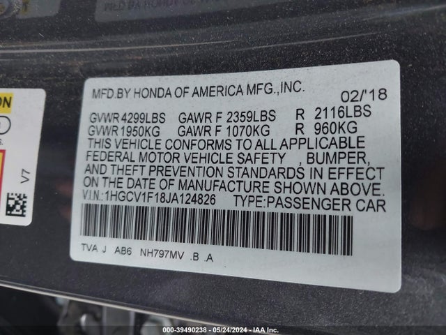 Honda ACCORD LX 2018 1HGCV1F18JA124826 Image 9