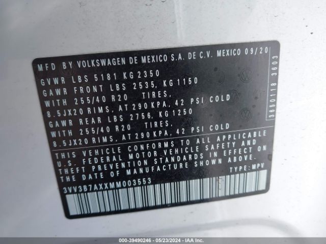 3VV3B7AXXMM003553 Volkswagen Tiguan 2.0t Se/2.0t Se R-line Black/2.0t Sel