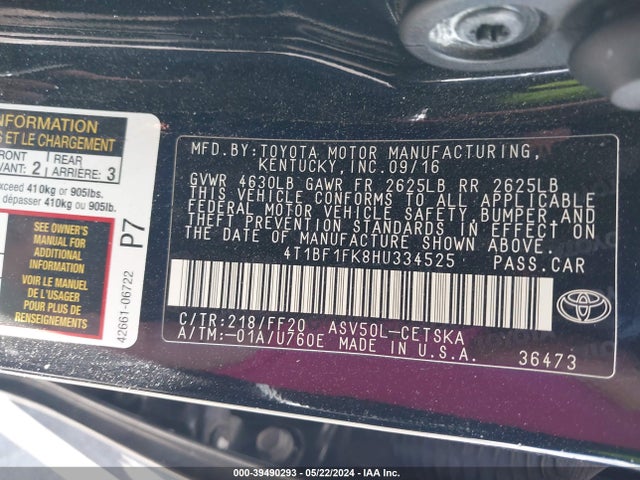 Toyota CAMRY SE 2017 4T1BF1FK8HU334525 Image 9