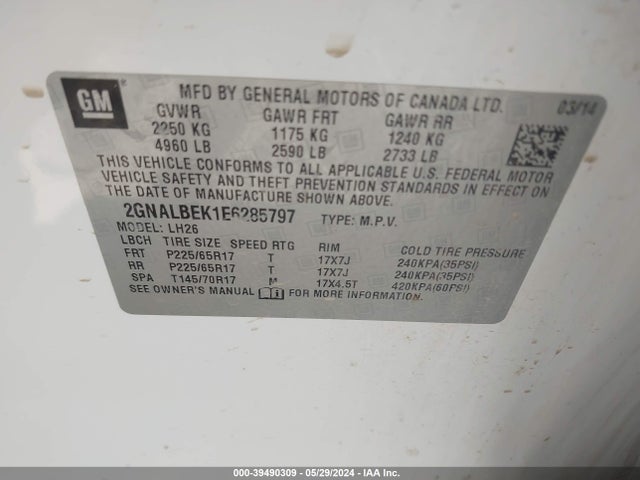 Chevrolet EQUINOX 1LT 2014 2GNALBEK1E6285797 Image 9