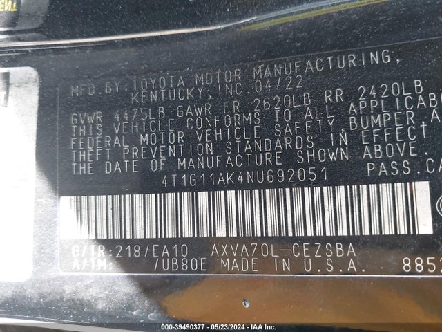 Toyota CAMRY SE 2022 4T1G11AK4NU692051 Image 9