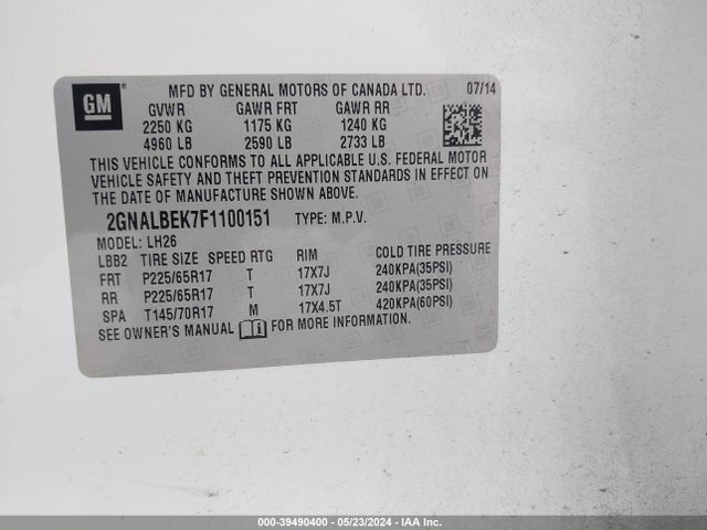 Chevrolet EQUINOX 1LT 2015 2GNALBEK7F1100151 Image 9