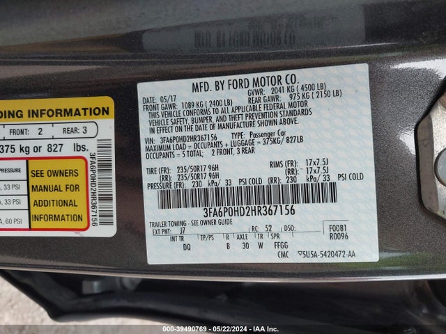 Ford FUSION SE 2017 3FA6P0HD2HR367156 Image 12