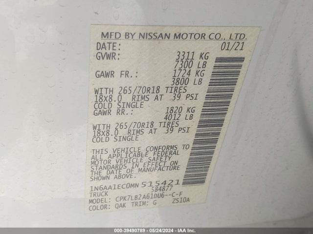 Nissan Titan Sv 4x4 2021 1N6AA1EC0MN515421 Image 9