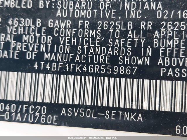 Toyota CAMRY LE 2016 4T4BF1FK4GR559867 Image 9