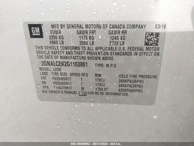 Chevrolet EQUINOX LT 2016 2GNALCEK2G1163861 Image 9