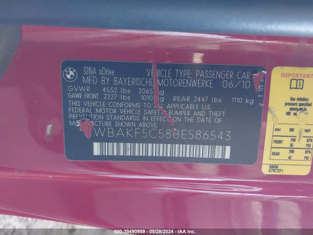 Aukcja sprzedaży 2011 Bmw 328i Xdrive, vin: WBAKF5C58BE586543, numer aukcji: 39490989