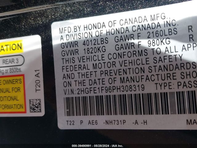 2HGFE1F96PH308319 Honda Civic Touring