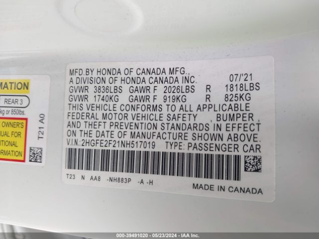 2HGFE2F21NH517019 Honda Civic Lx