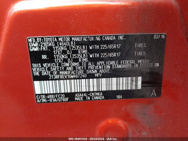 Toyota Rav4 Xle 2016 2T3RFREV1GW467240 Image 9