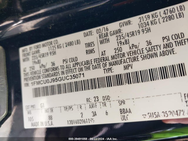 Ford Escape Titanium 2016 1FMCU0J95GUC35071 Image 9