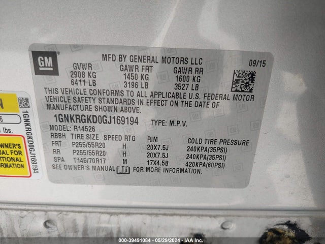 Chevrolet Traverse 1lt 2016 1GNKRGKD0GJ169194 Image 9